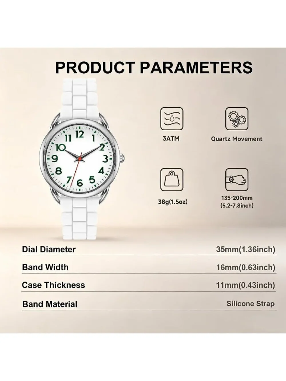 Women's White Big Face Easy Reader Silicone Strap Waterproof 35MM Wrist Watch